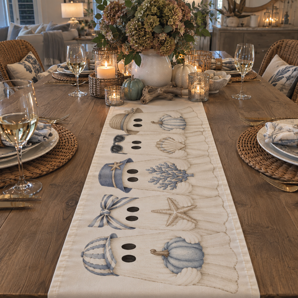 Coastal fall table runner with whimsical figure design, pumpkins and starfish motifs, styled on a wood table with hydrangea centerpiece