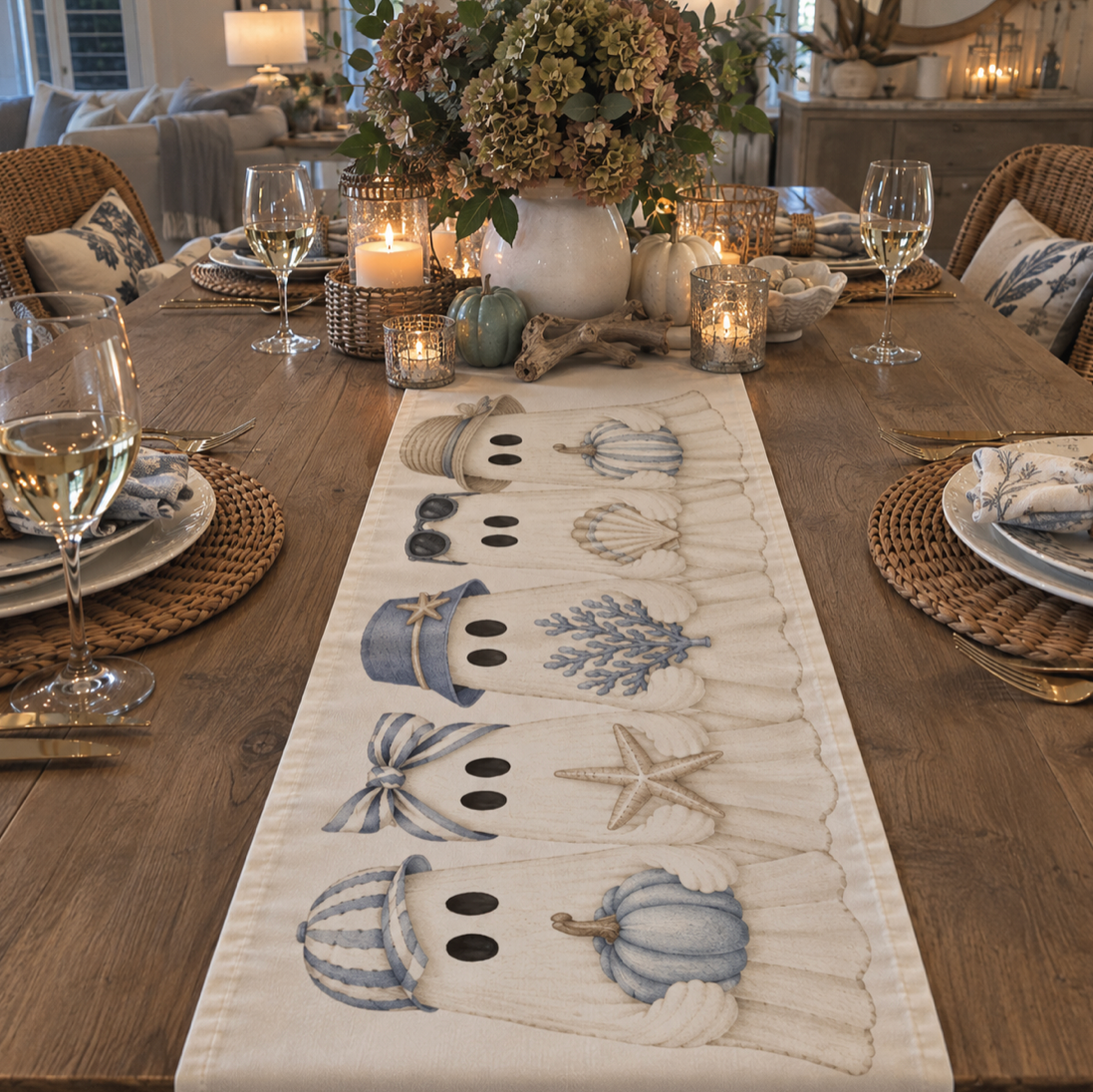 Coastal fall table runner with whimsical figure design, pumpkins and starfish motifs, styled on a wood table with hydrangea centerpiece