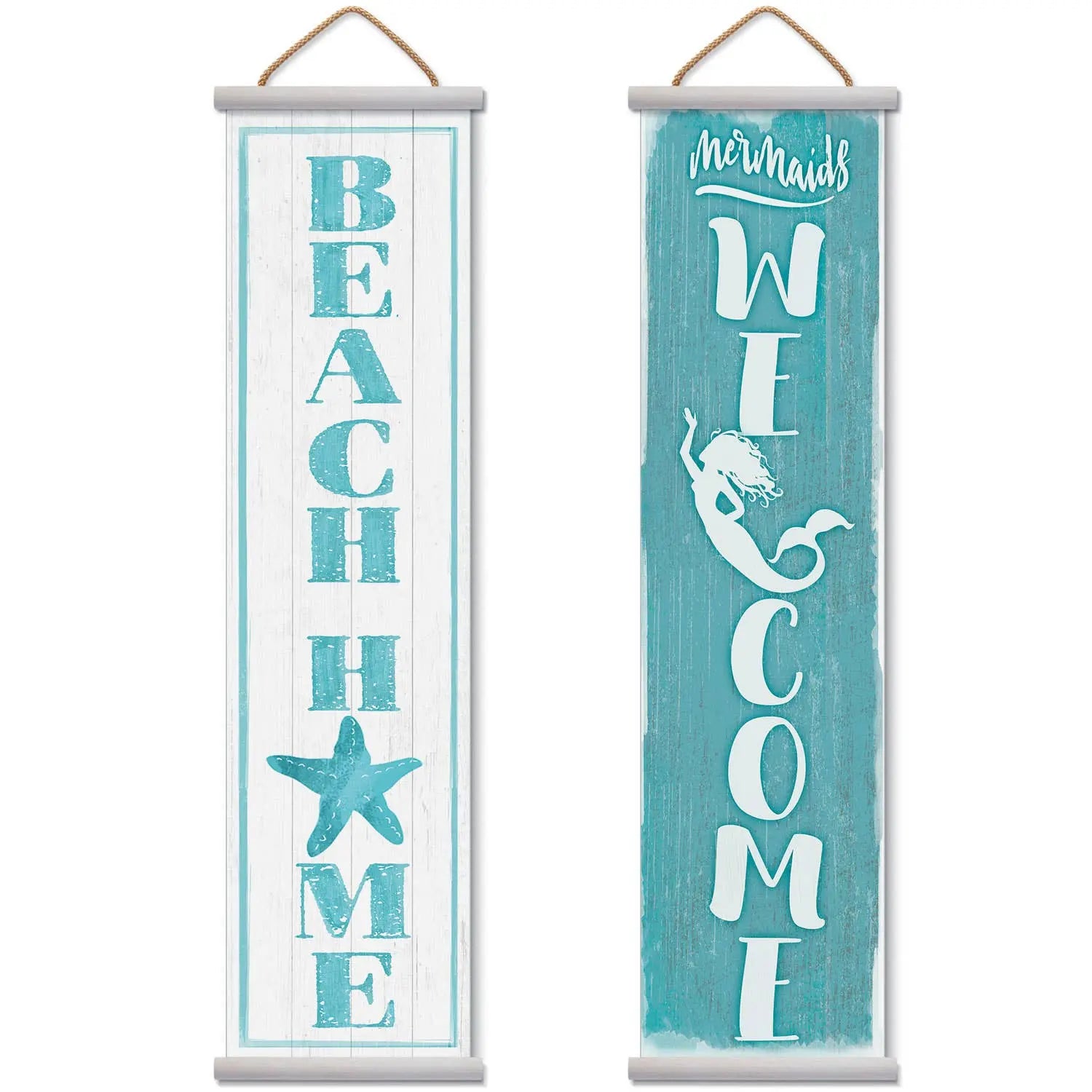 Two-sided vinyl banner featuring Beach Home and Mermaid Welcome designs, white and teal, 44.5x11, hanging by rope.