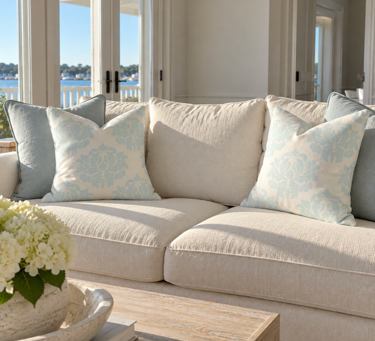 Aqua damask pillow styled in a bright and airy beach house.