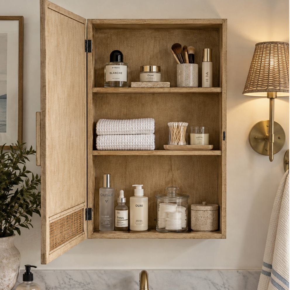 Beach house bathroom mirror storage cabinet with natural wood trim and woven rattan detail