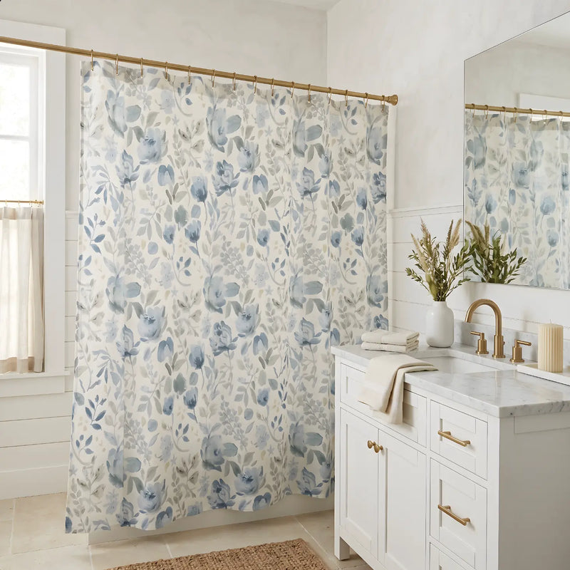White and blue floral bath curtain for coastal home decor