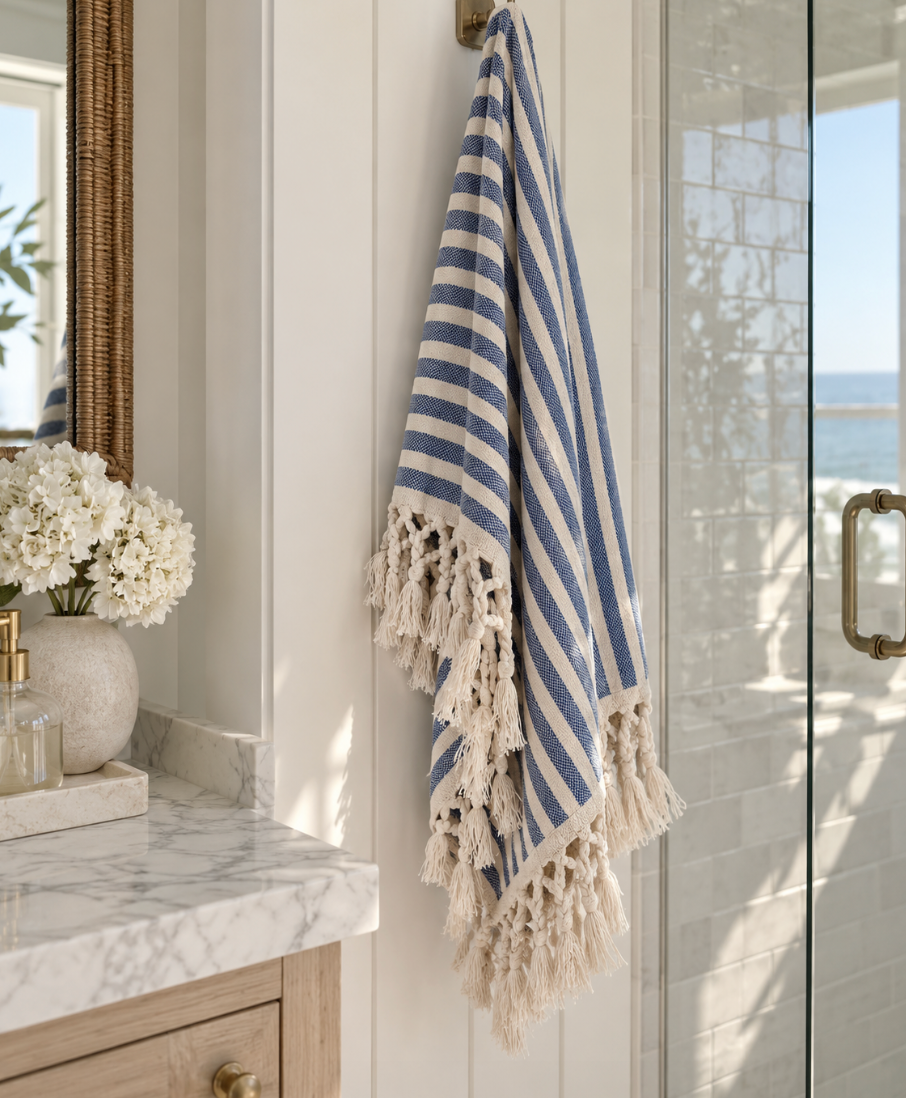 Beach house blue striped bath towel with soft neutral fringe for coastal bathroom decor
