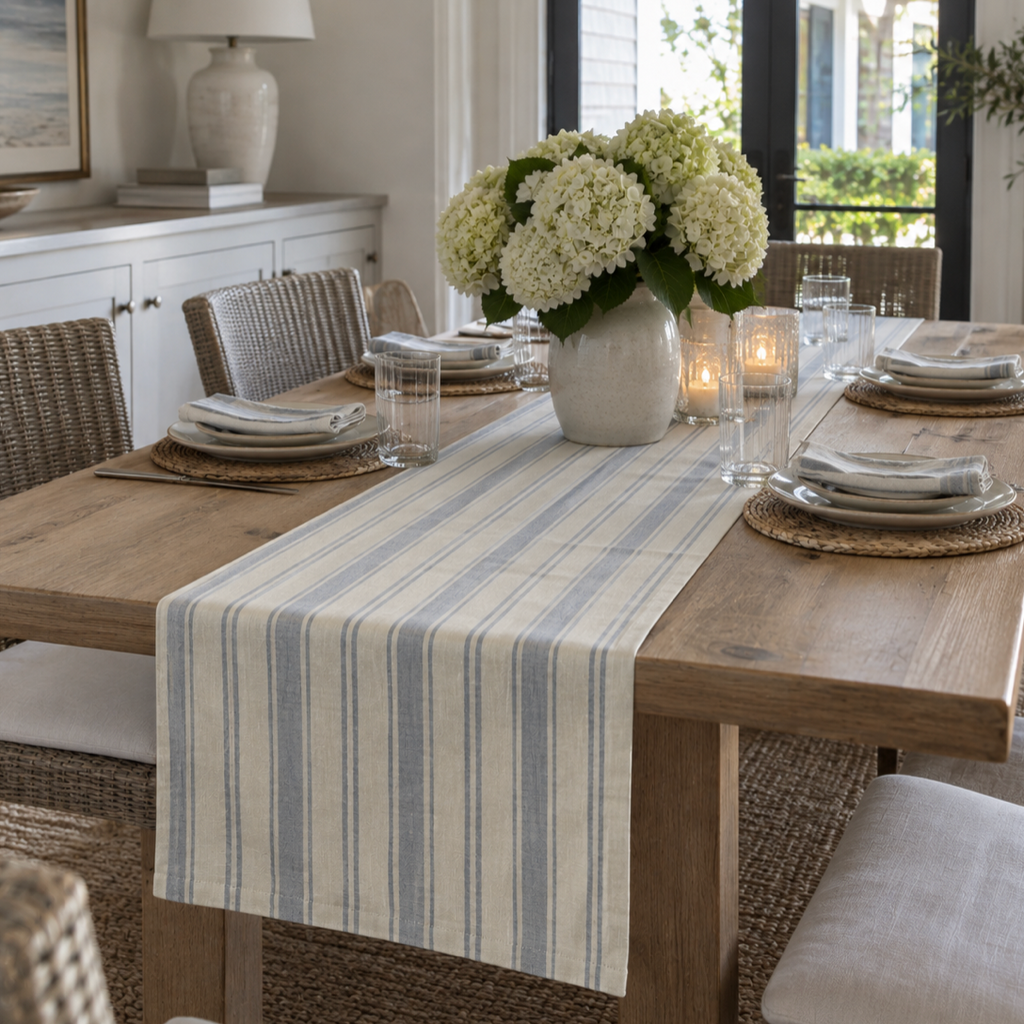 Beach house blue striped table runner styled on a wood dining table with hydrangeas and woven decor