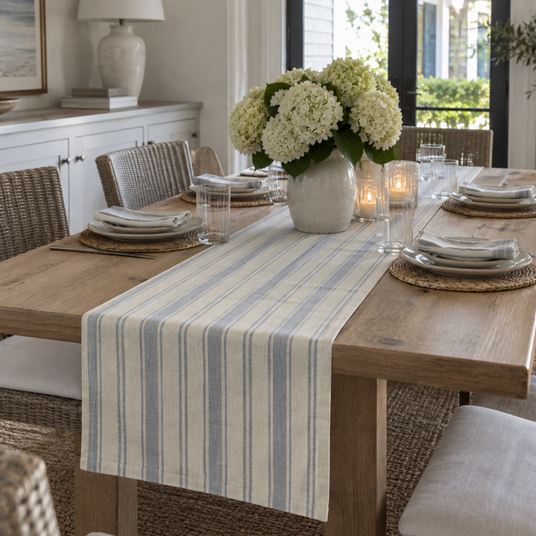 Beach house blue striped table runner styled on a wood dining table with hydrangeas and woven decor