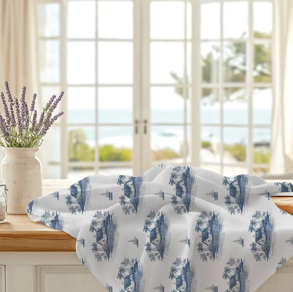 Blue Sailboat & Island Toile Kitchen Towel Printify
