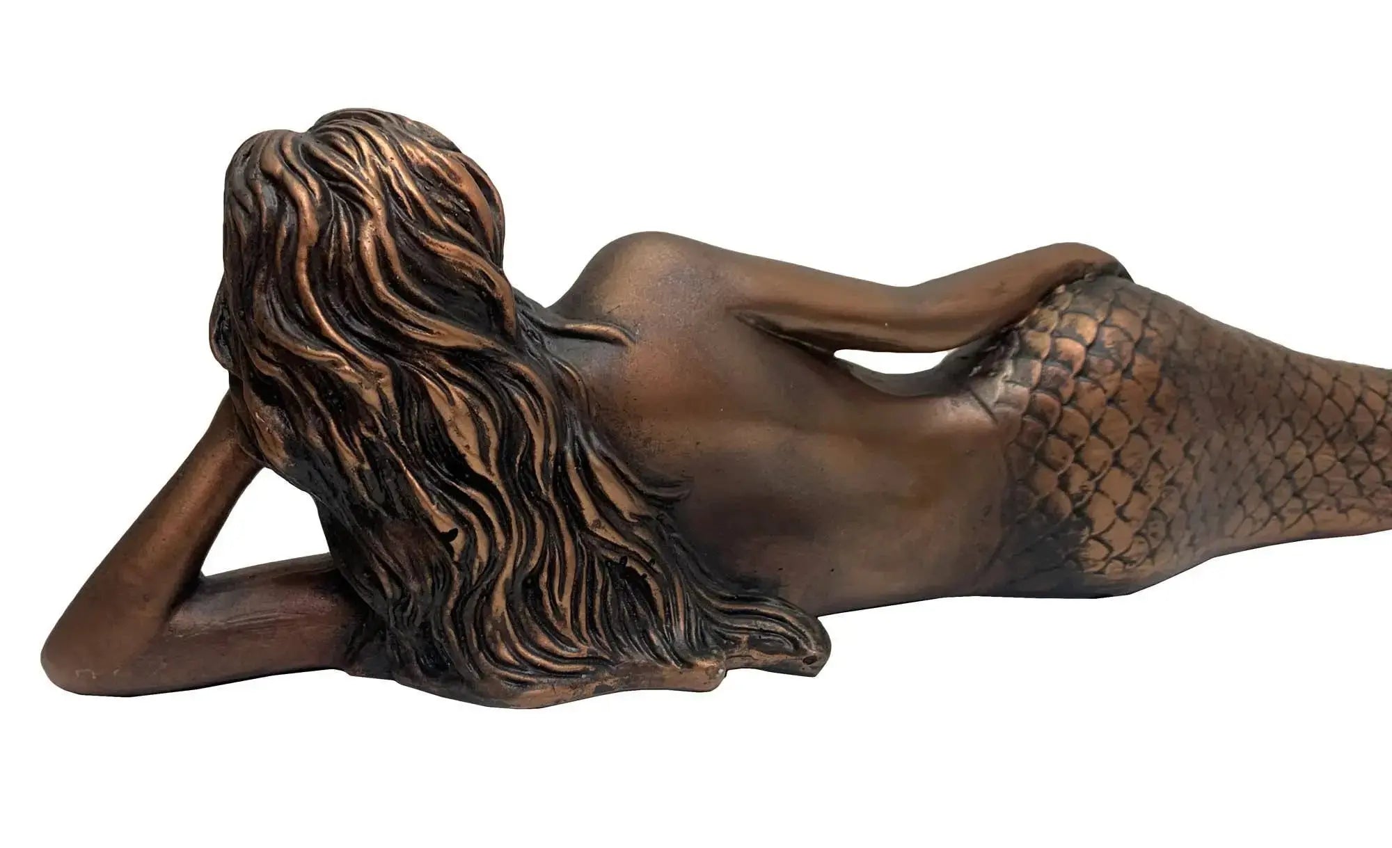 25 inch copper finish lying mermaid sculpture for coastal home decor