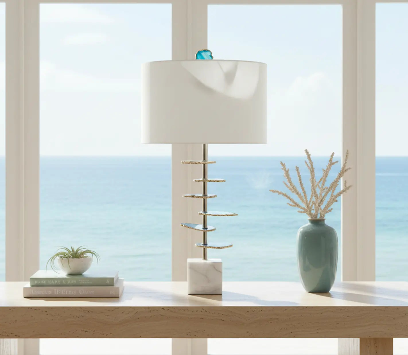 Coastal Blue & White Agate Table Lamp with Marble Base HouseOfZazla