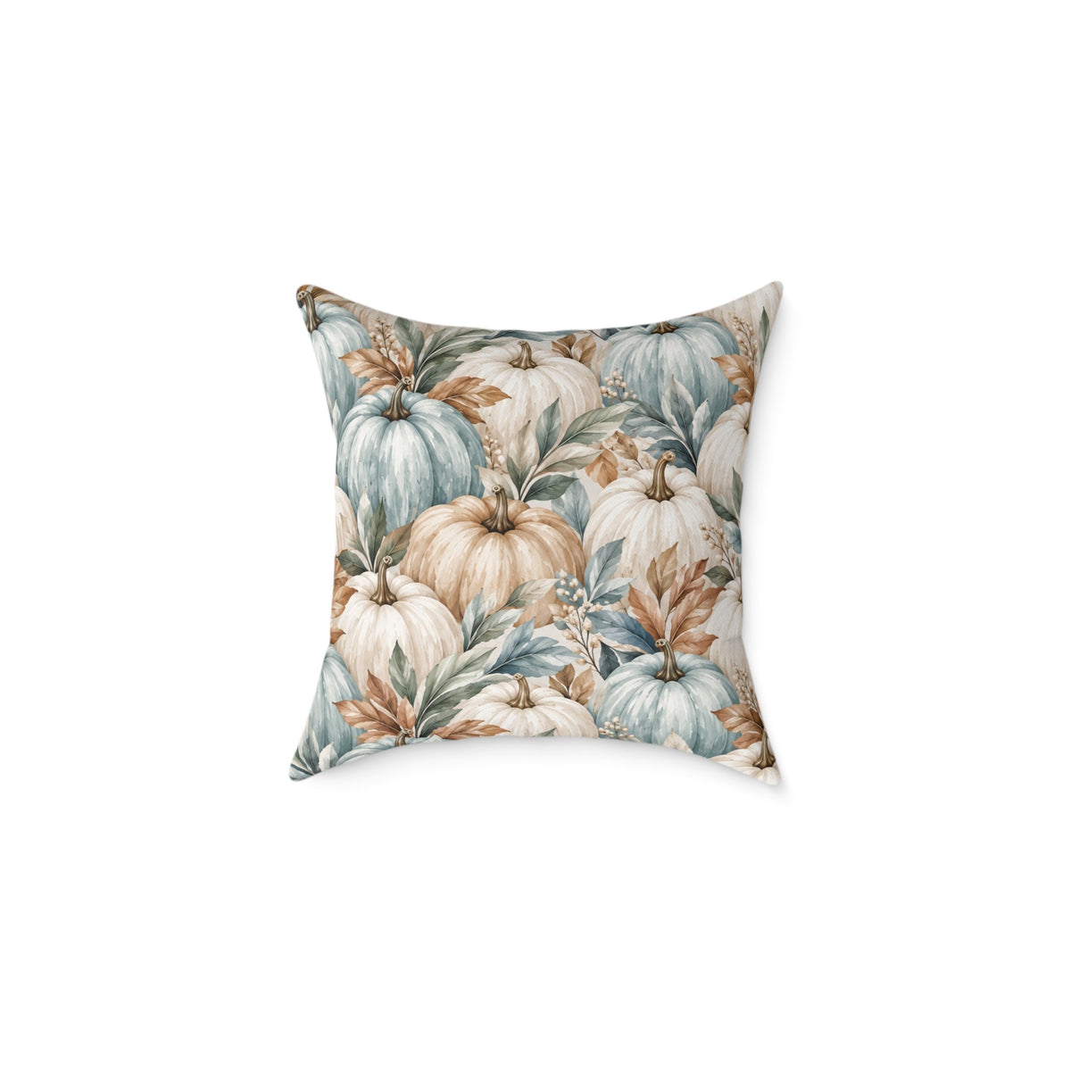Beach house fall pumpkin throw pillow with elegant muted blue and cream autumn colors