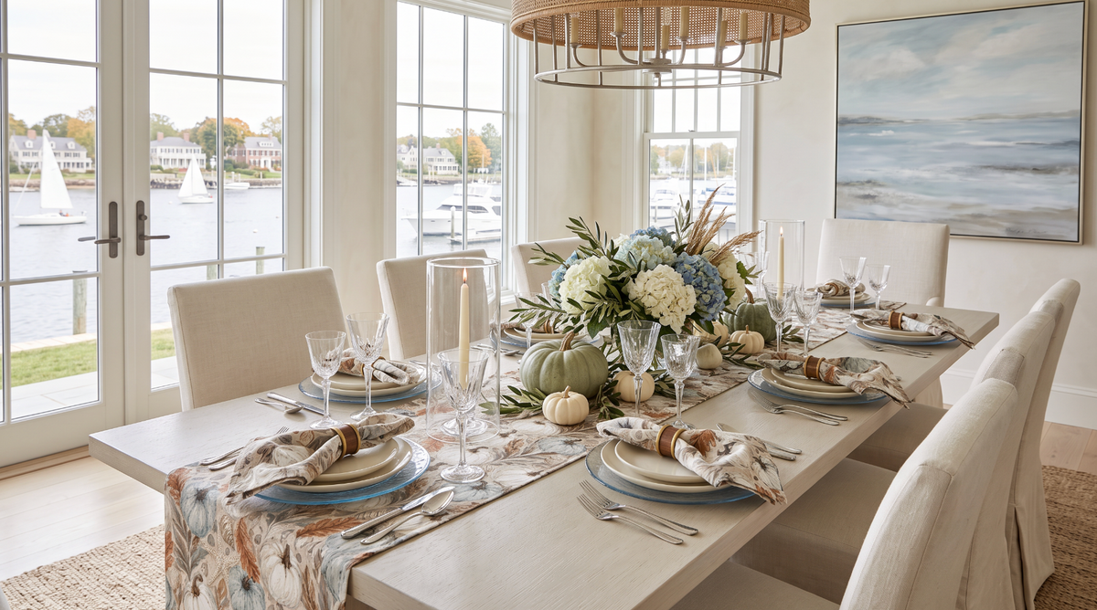 Beach house fall table runner featuring soft blue pumpkins, white pumpkins, seashells, and fall foliage