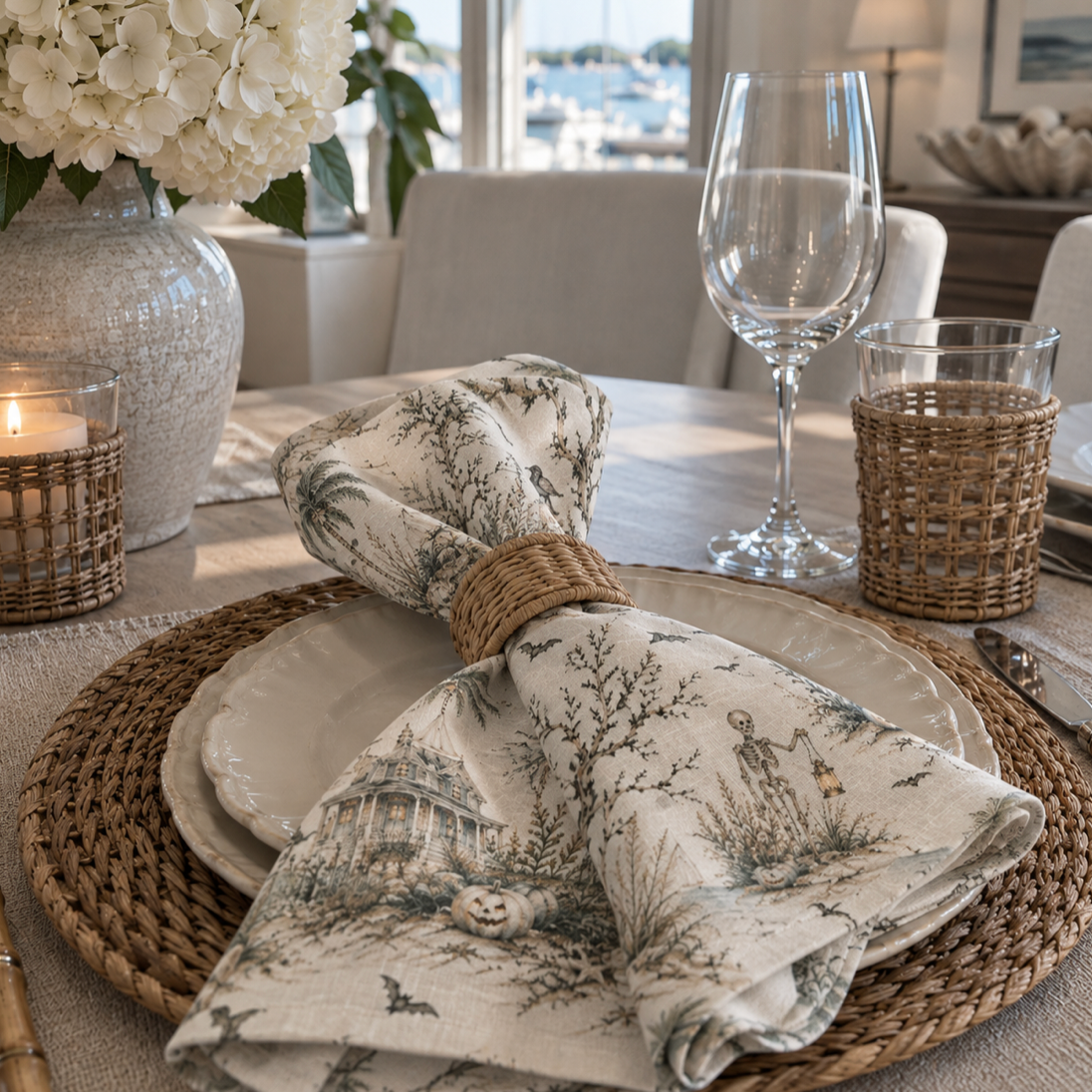 Beach house Halloween cloth napkins set of 4 for an elegant coastal fall tablescape
