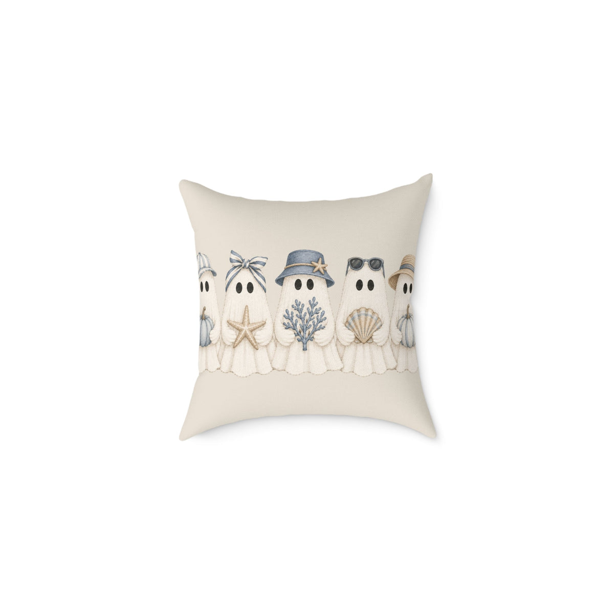 Beach house Halloween pillow with charming ghosts wearing nautical hats, sunglasses, and seaside detail