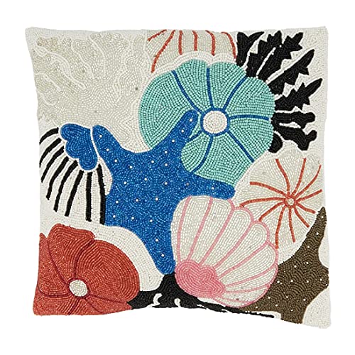 Statement seashell accent pillow with hand‑placed glass beads forming a detailed shell shape.