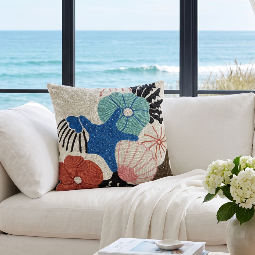 Shimmering beaded seashell throw pillow that blends soft cotton comfort with eye‑catching shine.