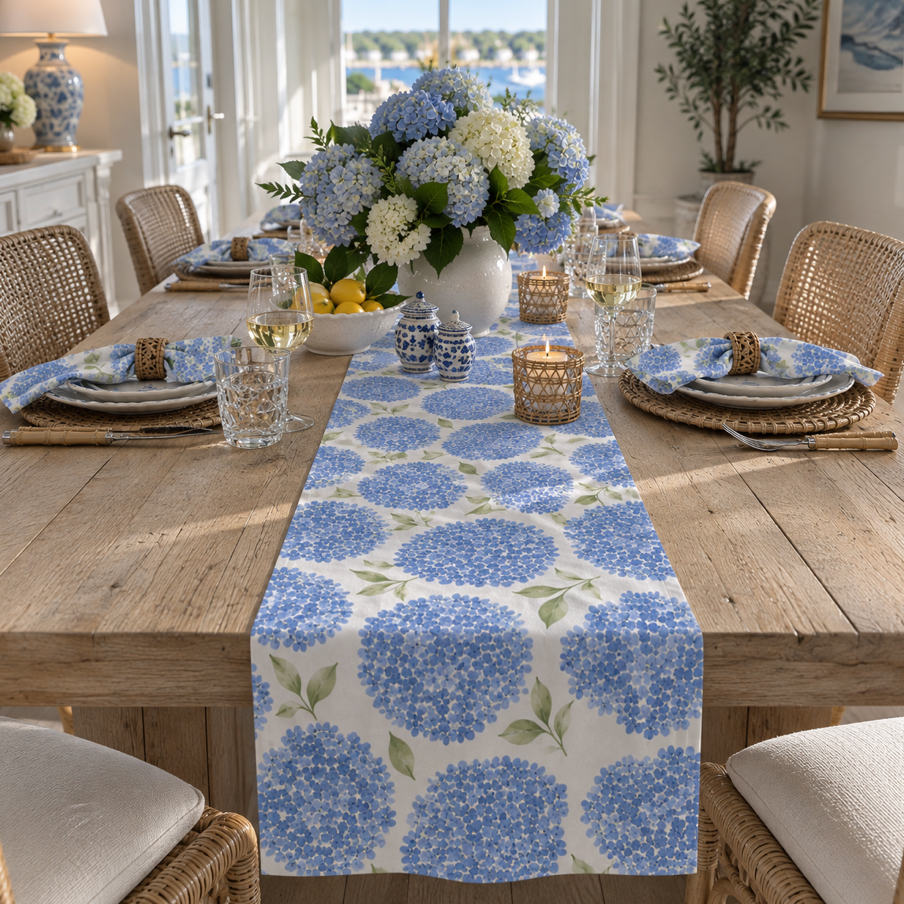 Beach house hydrangea table runner for summer dining, garden parties, and coastal entertaining