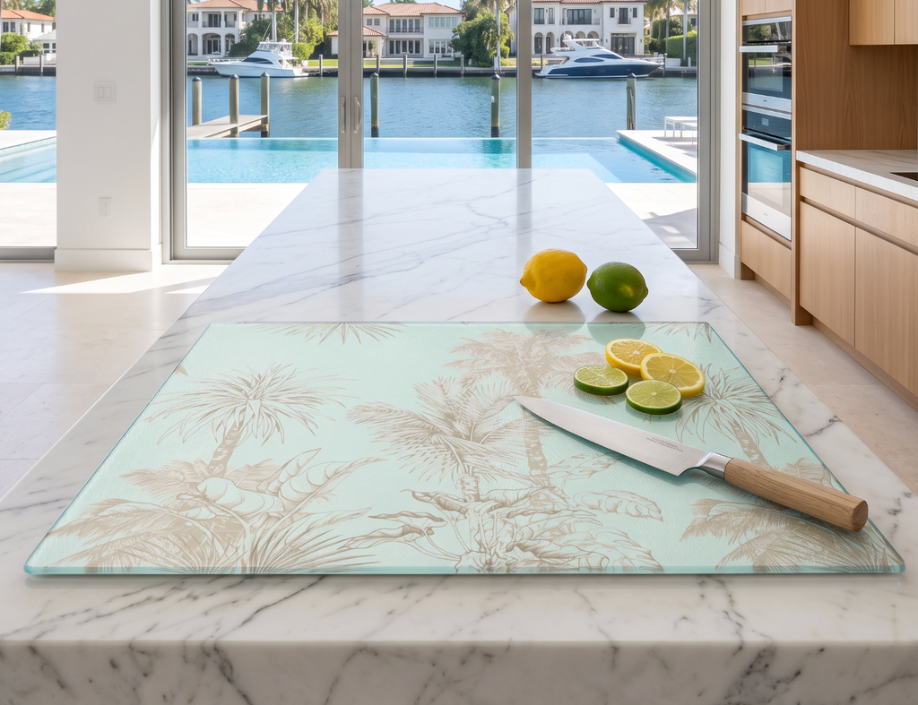 Soft aqua and tan palm design cutting board ideal for beach cottage or waterfront condo kitchens.
