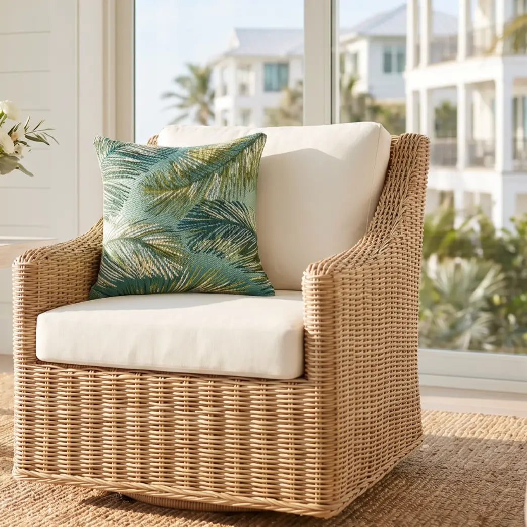 Coastal palm throw pillow suitable for indoor and outdoor use