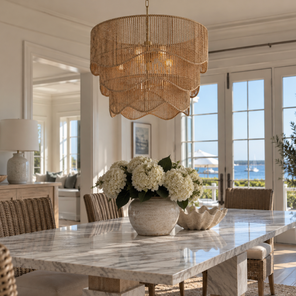 Beach house rattan chandelier with layered woven shade details and a warm neutral finish