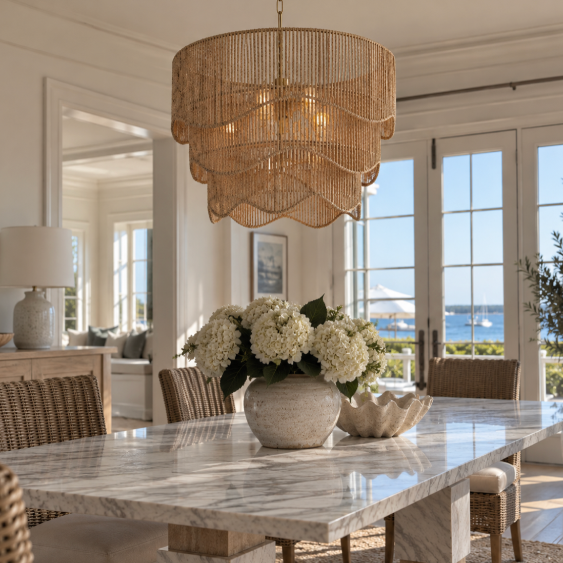 Beach house rattan chandelier with layered woven shade details and a warm neutral finish