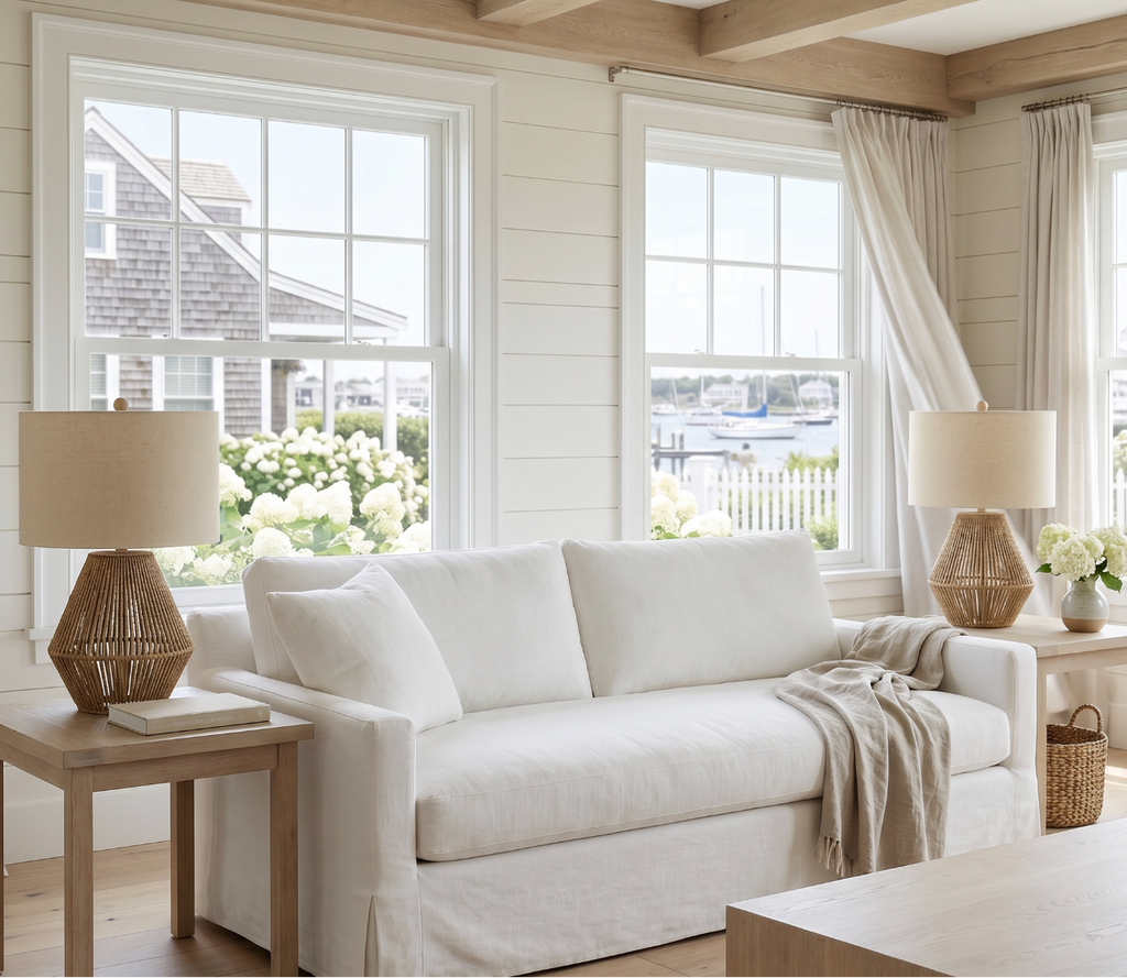 Coastal chic table lamp with a textured woven rattan finish.