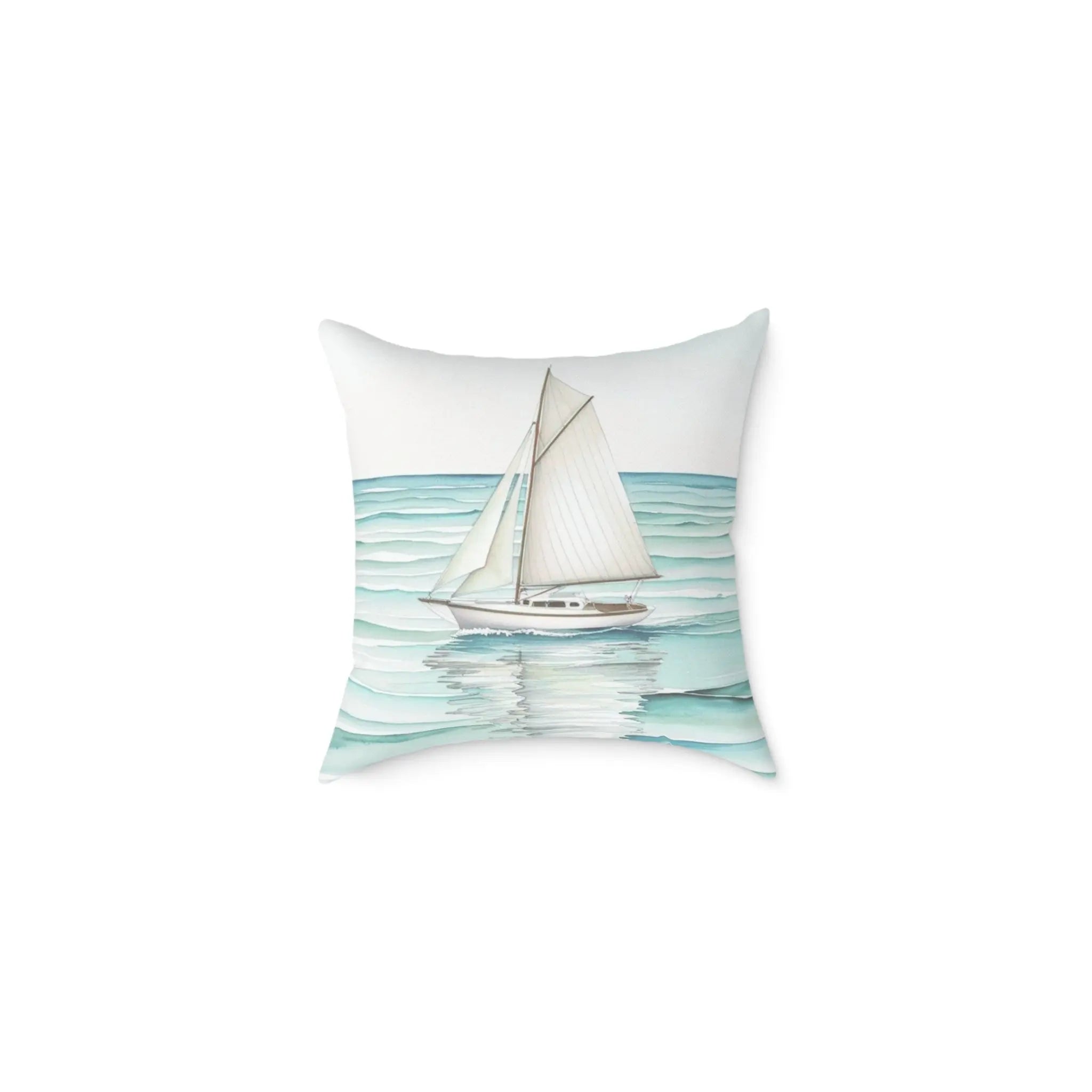 Sailboat on teal waves depicted on a square Nautical Sailboat Throw Pillow for coastal decor.