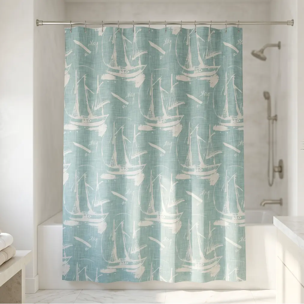 Nautical sailboat bath curtain with classic coastal pattern