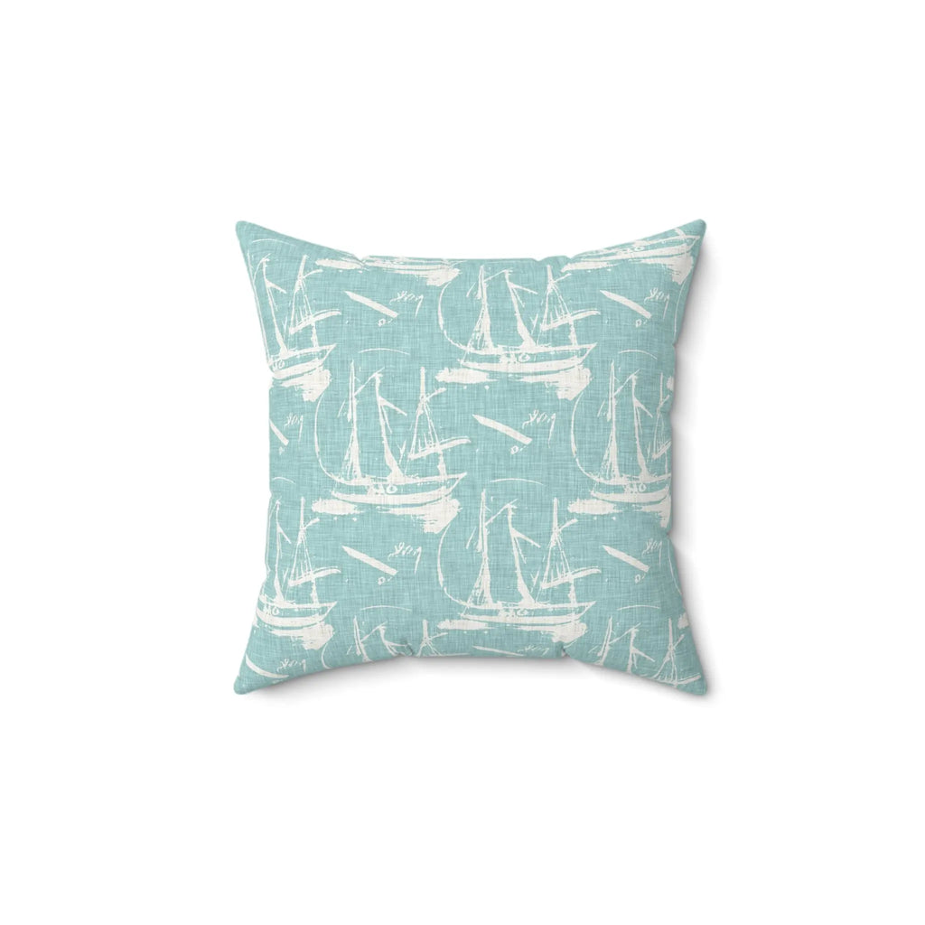 Square Marblehead Sail Throw Pillow with white sailboat silhouettes on seafoam blue fabric