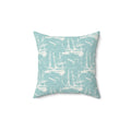Square Marblehead Sail Throw Pillow with white sailboat silhouettes on seafoam blue fabric
