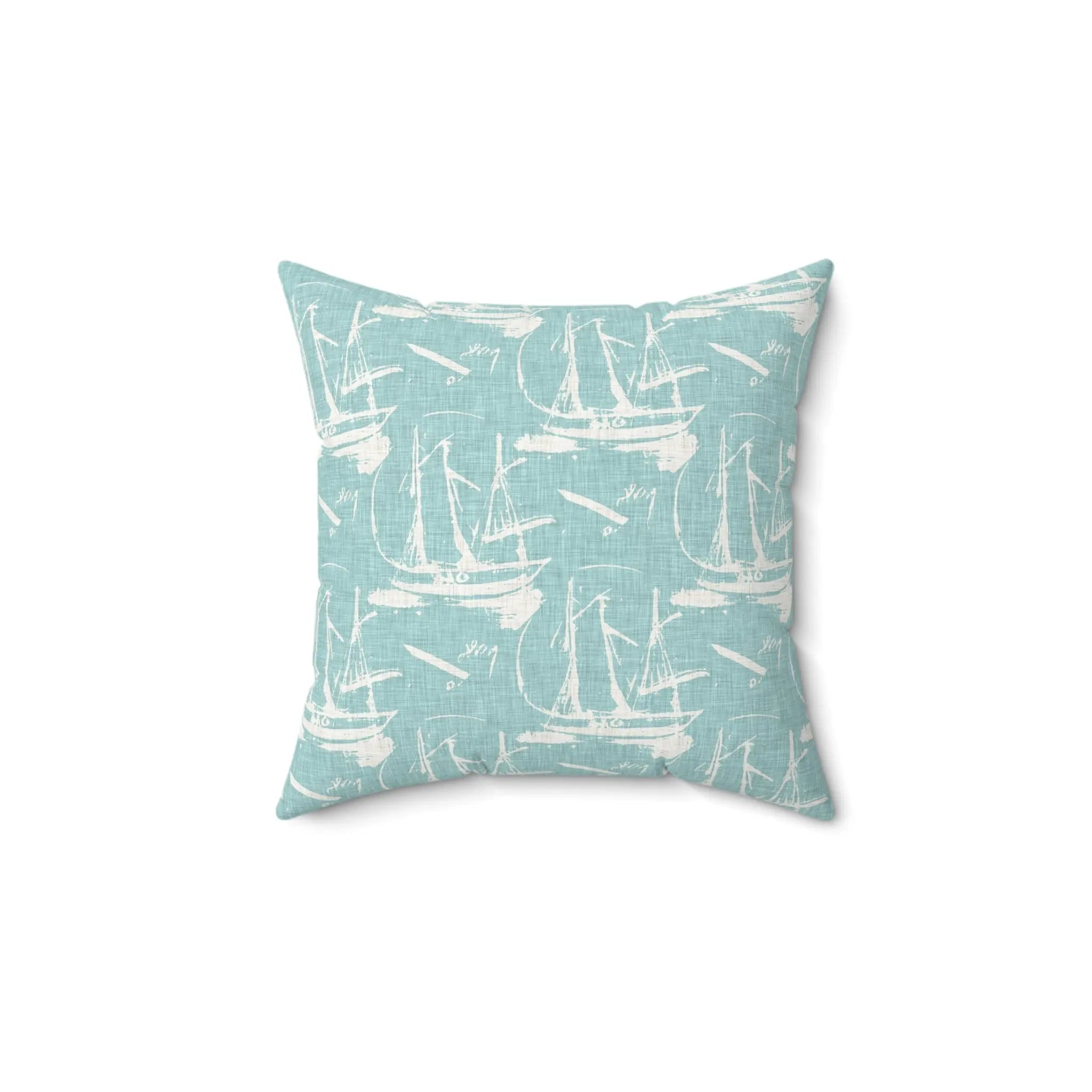 Square Marblehead Sail Throw Pillow with white sailboat silhouettes on seafoam blue fabric