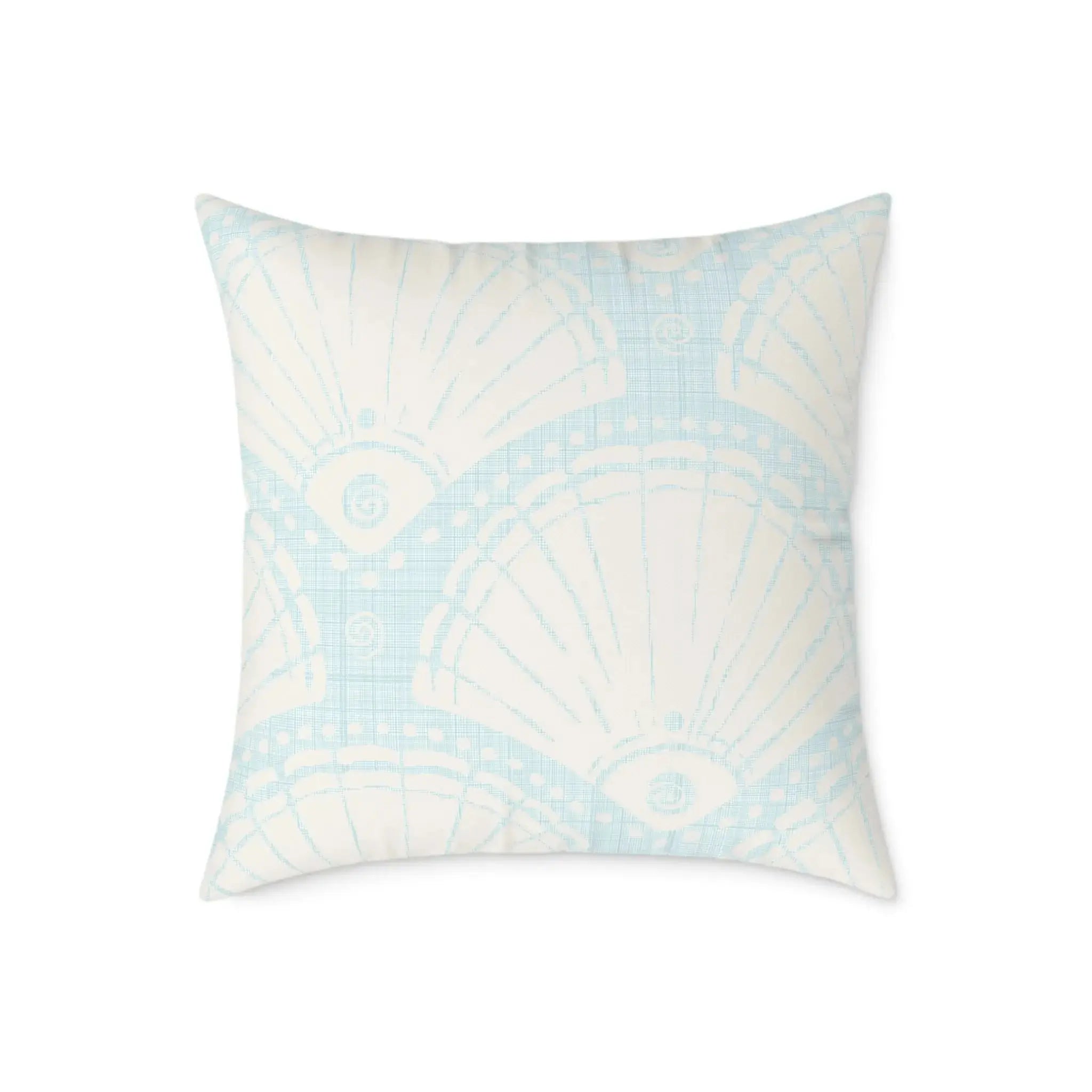 Double-sided seashell fan throw pillow for coastal bedroom decor.