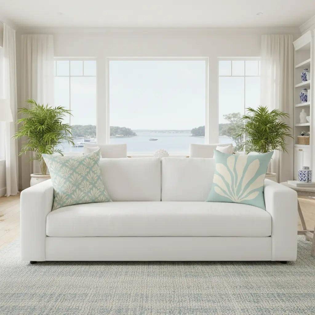 Islamorada Coral Double-Sided Throw Pillow in seafoam tones with coral motif on both sides.
