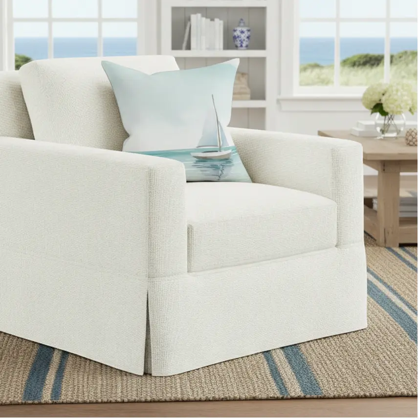 Sailboat Throw Pillow with a sailboat motif on a white armchair in a bright coastal living room.
