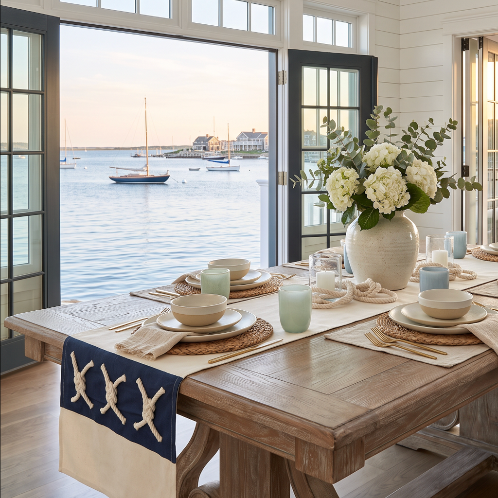 Ivory table runner with a navy panel and textured rope appliqué, ideal for coastal or sailing‑inspired décor.