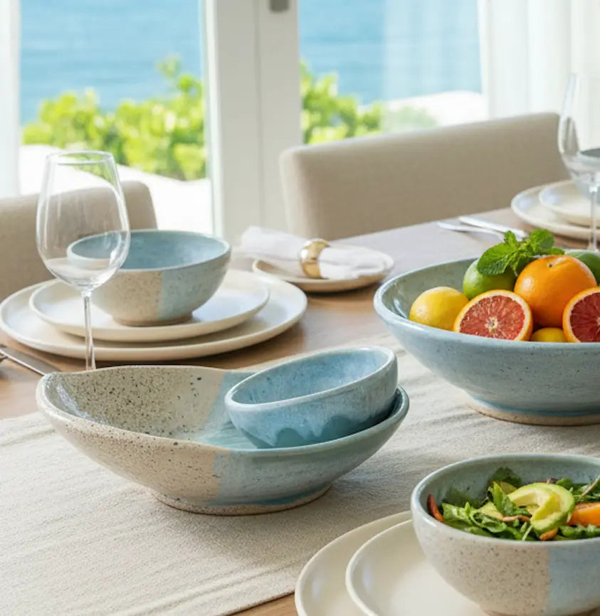 Set of handmade coastal swirly serving bowls in blue marbled glaze, stoneware, on a dining table.