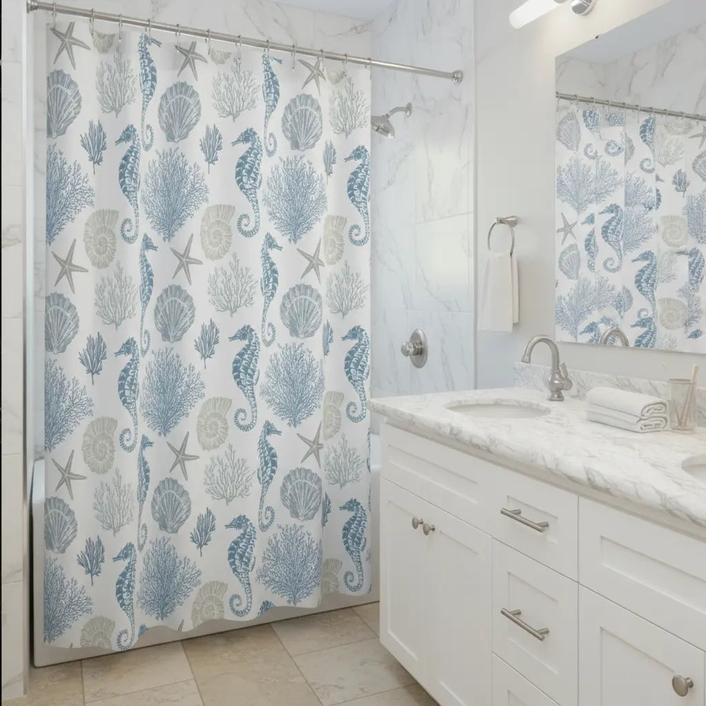 Seahorse shower curtain styled in a bright coastal bathroom