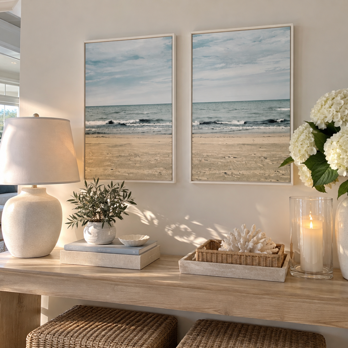 Beach waves framed canvas set of two featuring serene ocean-inspired artwork for coastal home decor.