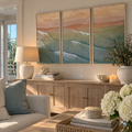 Three-piece framed canvas set featuring layered beach waves in calming coastal blue tones.