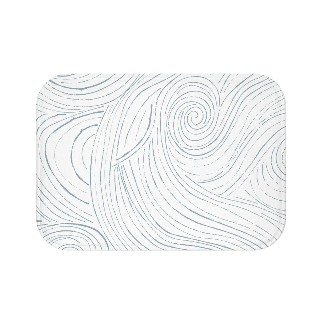Coastal abstract bath mat for a  beach-inspired bathroom.