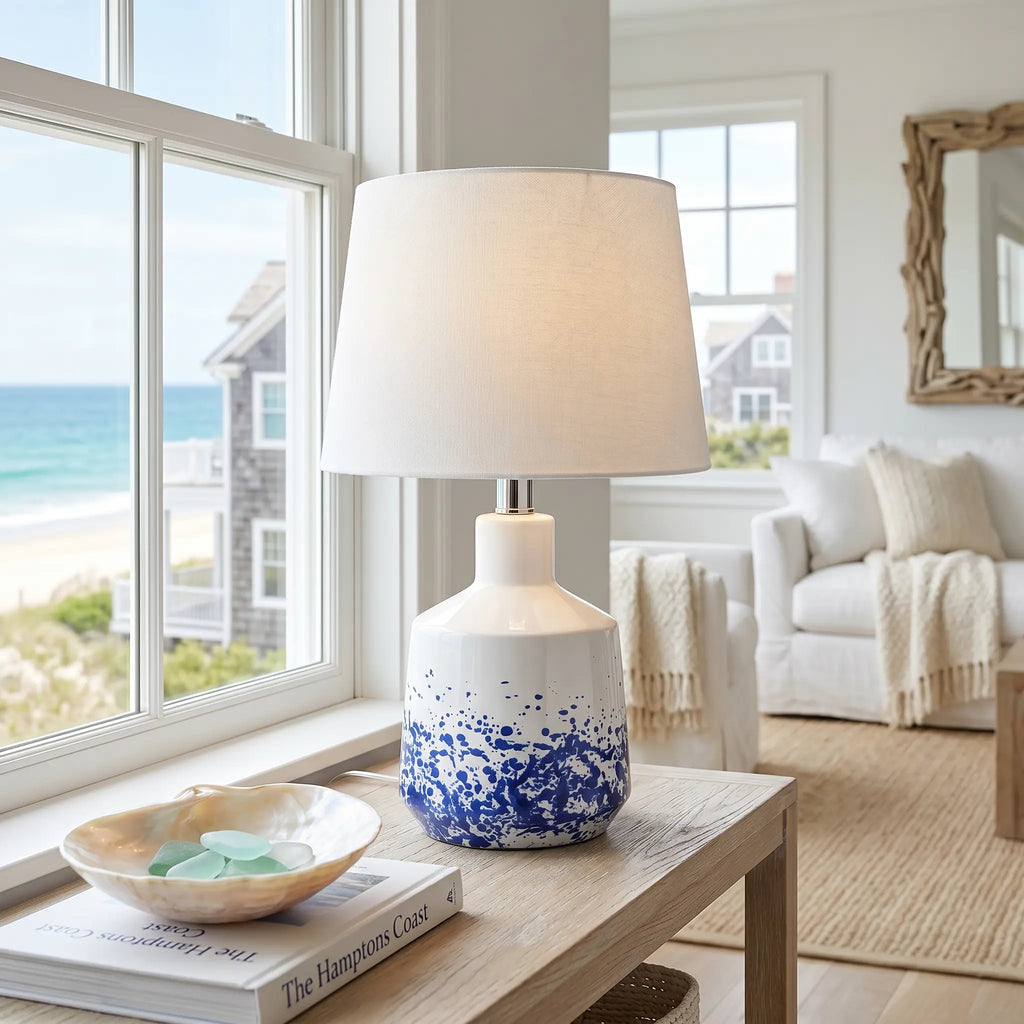 Elegant ceramic lamp with hand-painted blue and white abstract design