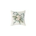 Watercolor-style candy cane pillow with seashells and evergreen sprigs, a soft blue and cream coastal farmhouse Christmas decor piece