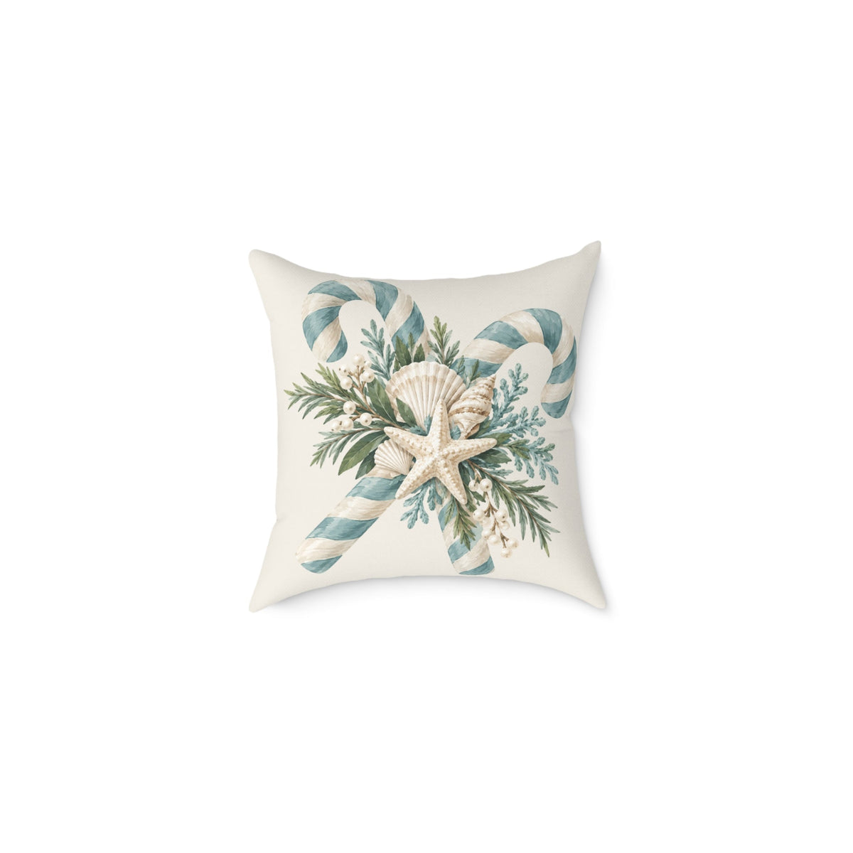 Watercolor-style candy cane pillow with seashells and evergreen sprigs, a soft blue and cream coastal farmhouse Christmas decor piece