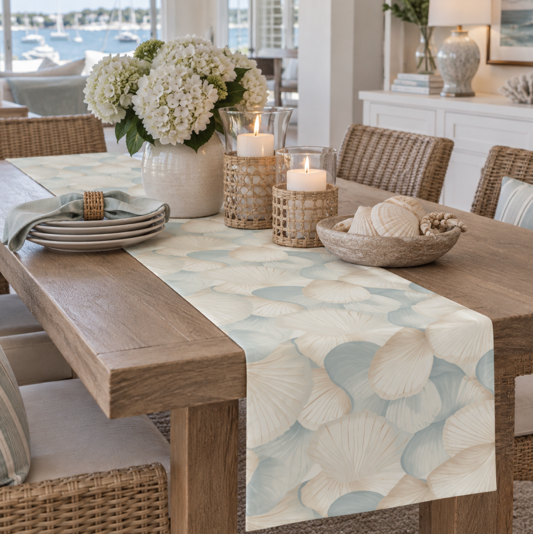 Beachy fan shell table runner with a muted coastal palette for everyday dining or summer entertaining