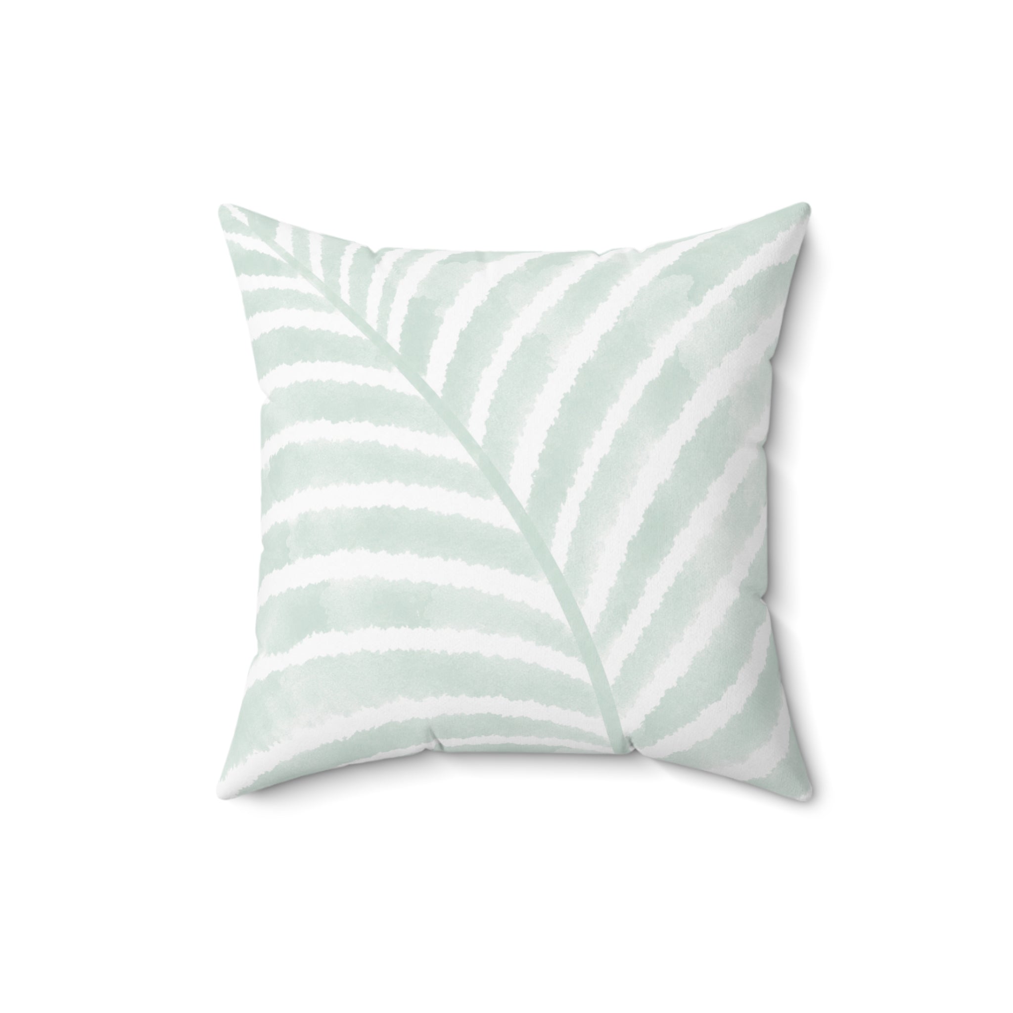Beach house accent pillow with a pale mint palm leaf print and white base.
