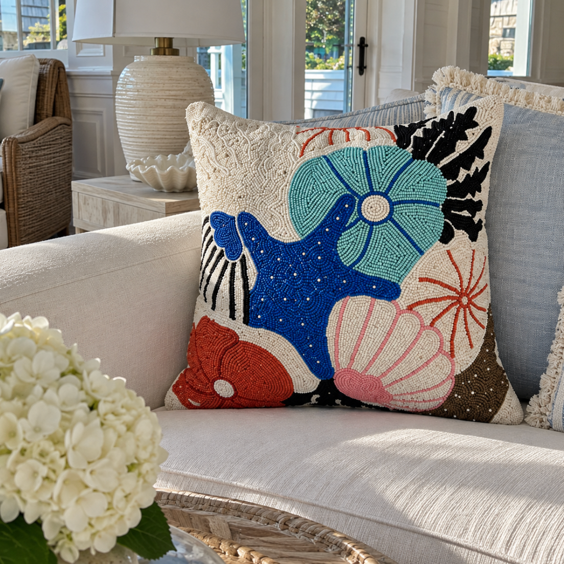 Beaded seashell accent pillow displayed on a neutral sofa.