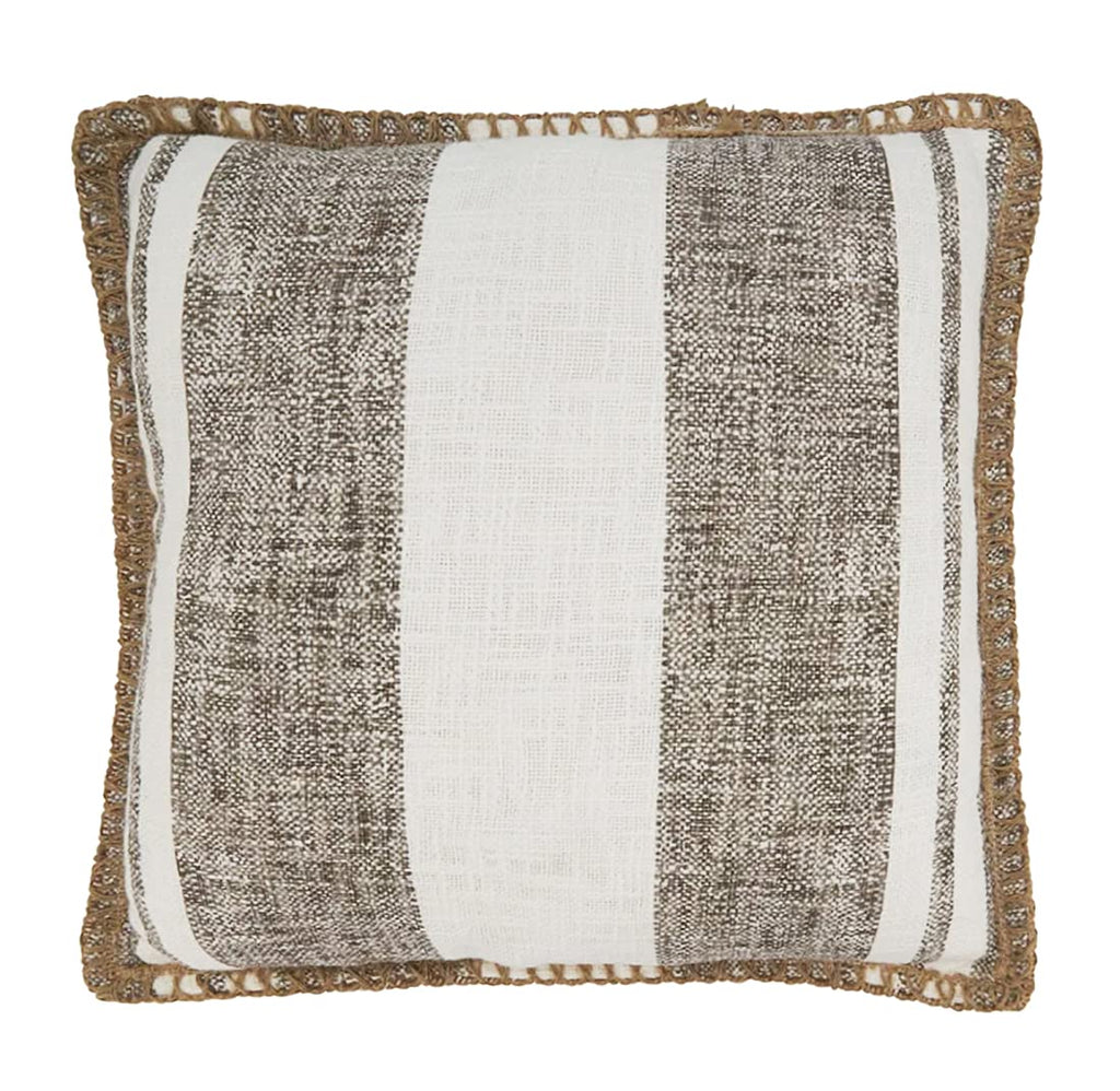 Square pillow with soft beige and white stripes framed by a subtle decorative border.