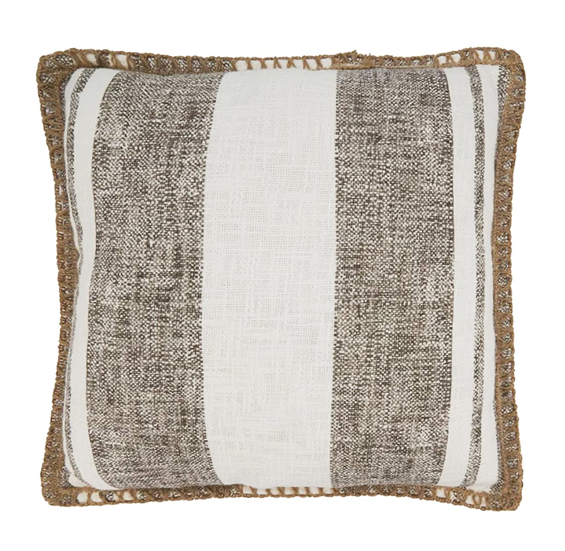 Square pillow with soft beige and white stripes framed by a subtle decorative border.