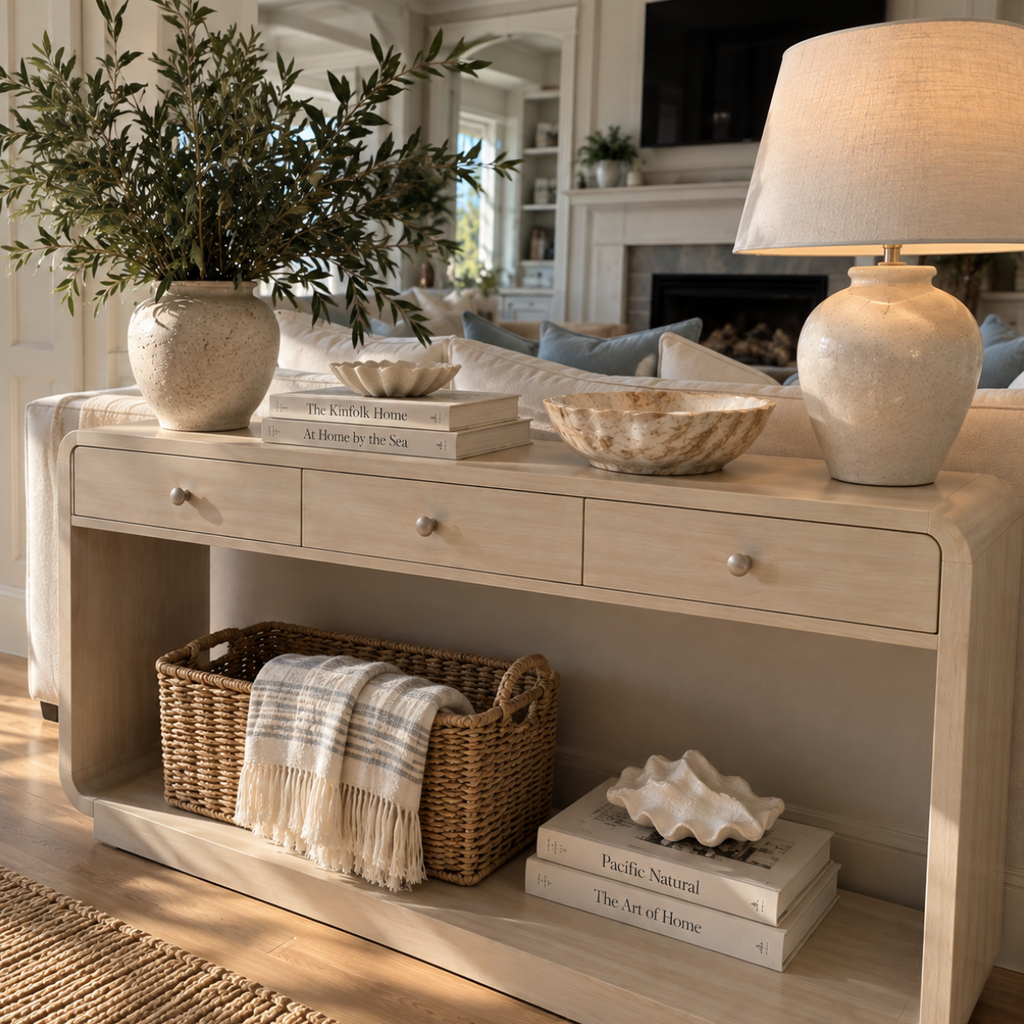 Beige console table with three storage drawers and open shelf for a neutral coastal living room.