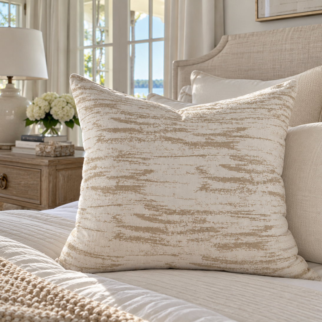 Beige and cream decorative pillow with a distressed stripe pattern on a neutral sofa.