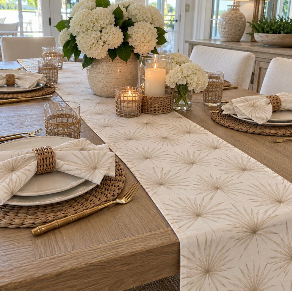 Beige and cream table runner with an airy floral leaf pattern.