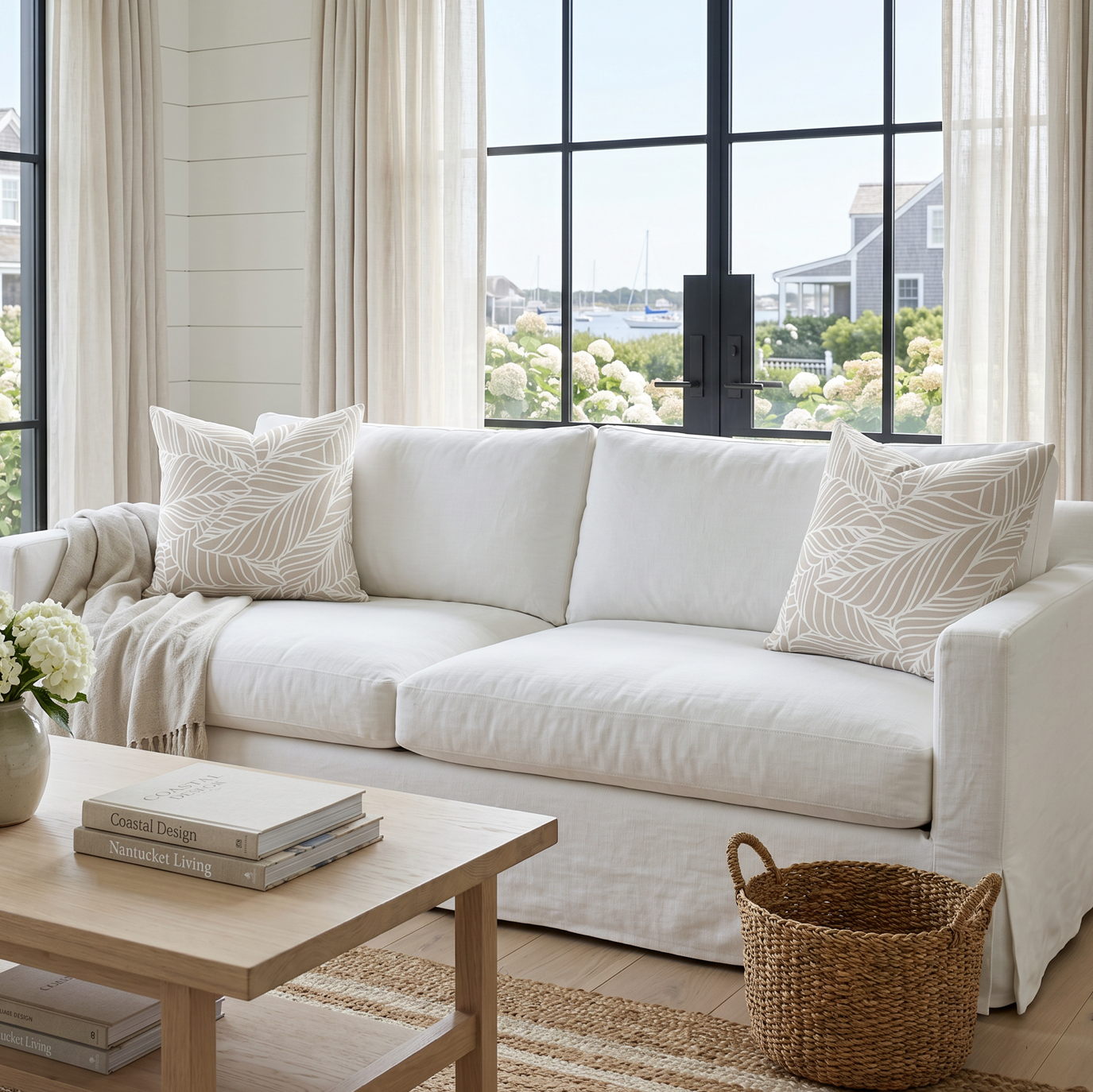 Beige leaf pattern pillow on a couch in a beach house style living room.